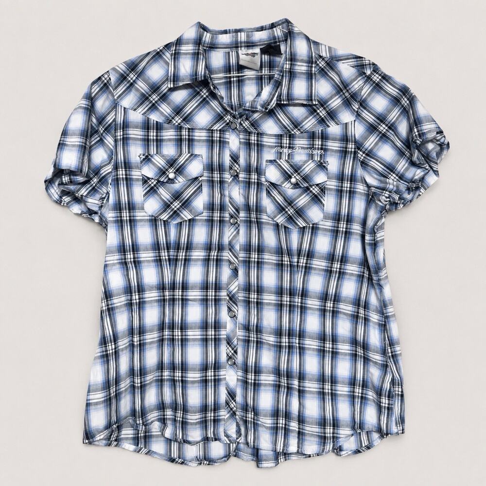 Harley-Davidson Women’s XL Blue Plaid Pearl Snap Rhinestone Wing Shirt